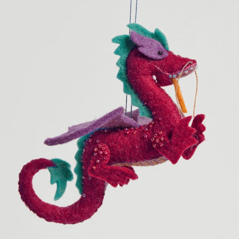 Bejeweled Mountain Dragon Ornament, Hand Felted Lunar New Year Charm, Handmade Chinese New Year Decor image 4