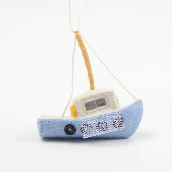 Daily Catch Fishing Boat, Hand Felted Trawler Ornament, Handmade Ocean Life Charm