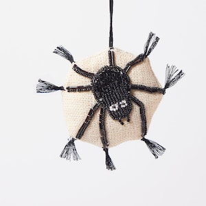 Spider Web Beaded Ornament, Hand Embroidered Black Tarantula, Handmade Halloween Charm image 1