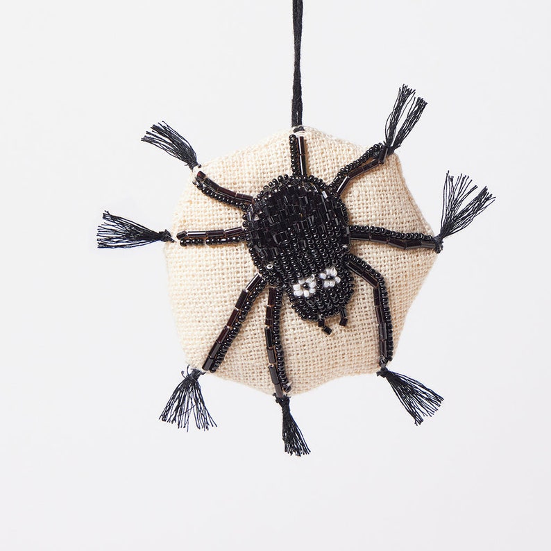 Spider Web Beaded Ornament, Hand Embroidered Black Tarantula, Handmade Halloween Charm image 1