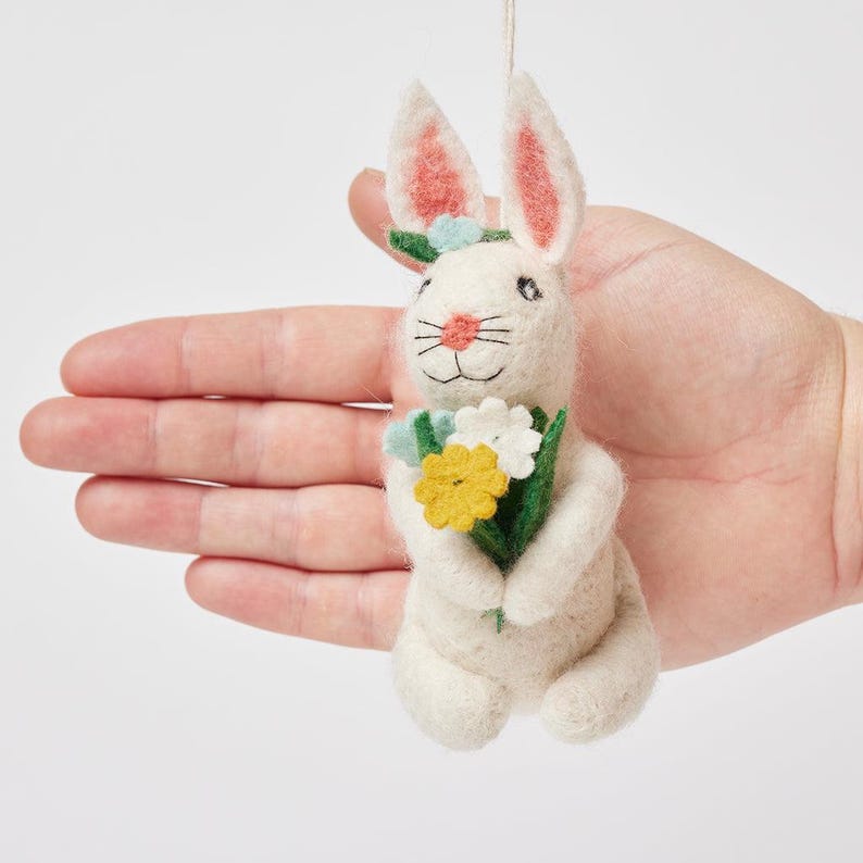 Spring Flowers White Bunny Ornament, Hand Felted Rabbit Charm, Handmade Easter Decor image 3