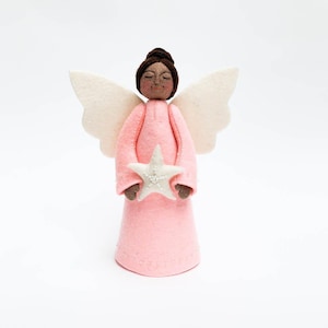 Touch of Pink Star Angel Tree Topper - Brown, Hand Felted Christmas Tree Accessory, Handmade Whimsical Home Decor