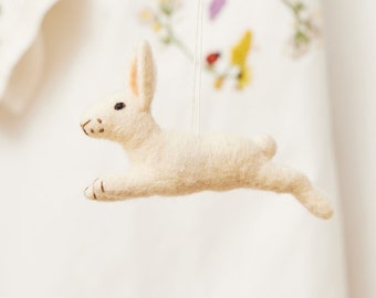 Snowhare Bunny Ornament, Hand Felted White Rabbit Charm, Handmade Easter Decor