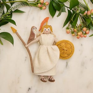 Athena with Owl Ornament, Handmade Greek Mythology Keepsake Gift, Goddess Decor With Spear And Shield, Wisdom Holiday Tree Decoration