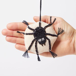 Spider Web Beaded Ornament, Hand Embroidered Black Tarantula, Handmade Halloween Charm image 5