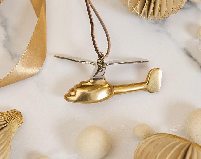 Helicopter Ornament - Antique Brass & Nickel, Hand Crafted Metal Aircraft Charm, Handmade Aviation Decor