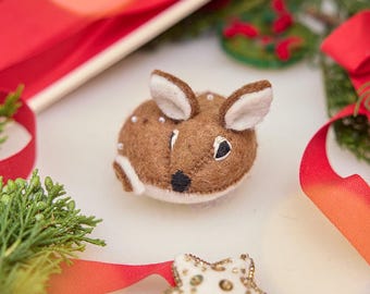 Sleepy Fawn Ornament, Hand Felted Baby Brown Deer Charm, Handmade Spring Decor
