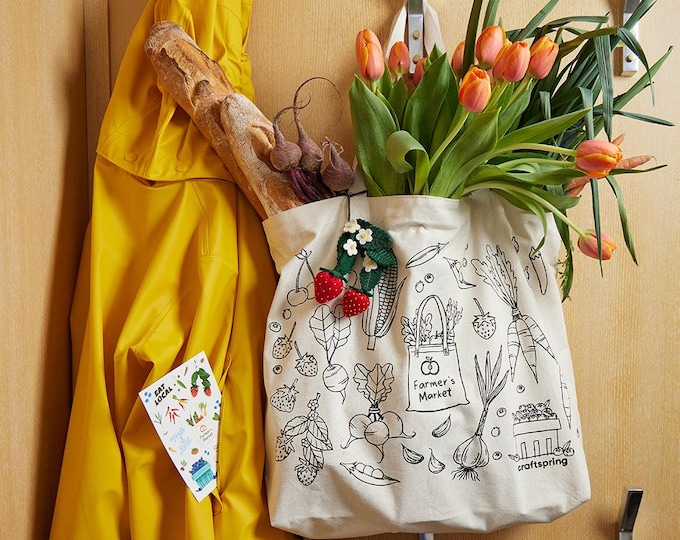 Cotton Canvas Tote Bag - Farmer's Market Print, Eco-Friendly Shopping Bag, Reusable Carryall Bag