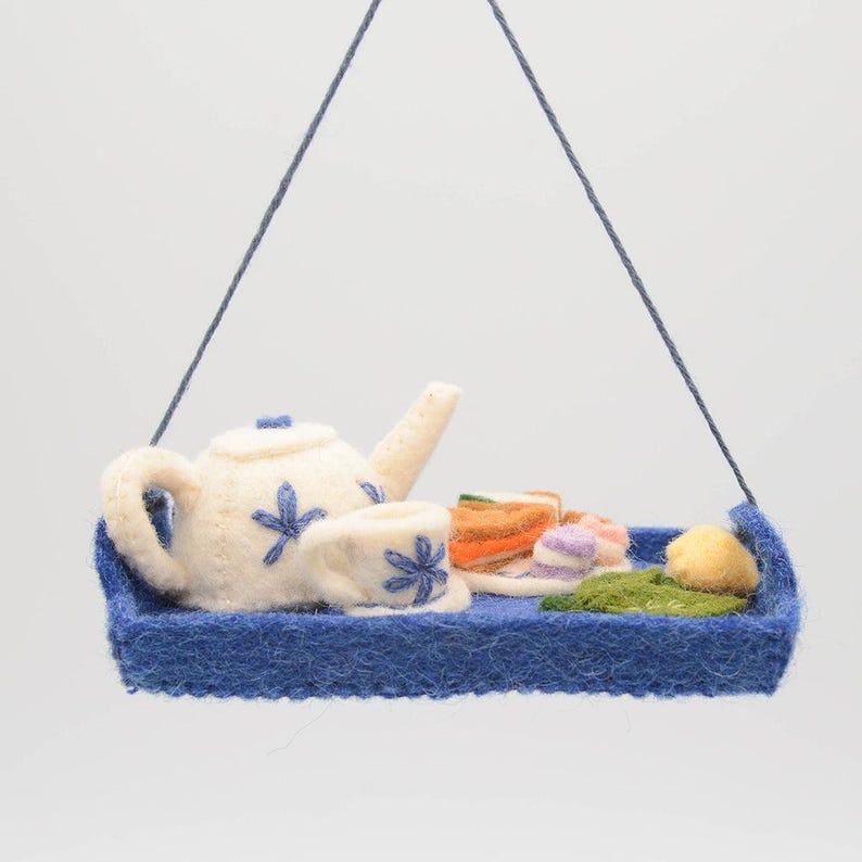 Tea Tray Ornament, Handmade Afternoon Tea Keepsake, Cottagecore Decor Gift, Felt Teapot and Treats for Cozy Holiday Decoration image 4