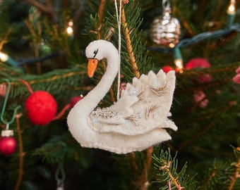 Beaded White Swan Ornament, Hand Felted Wild White Bird, Handmade Christmas Classic Charm