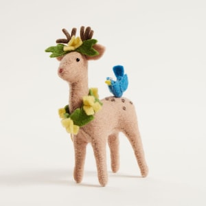 Gentle Spring Deer with Bird Friend Ornament, Hand Felted Woodland Animals Charm, Handmade Spring Decor