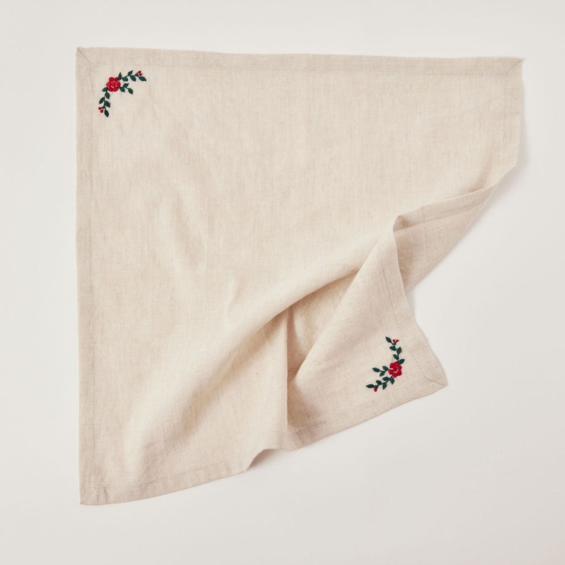 Holiday Blooms Napkin Set, Linen Table Napkins, Hand Embroidered Christmas Table Decor image 6