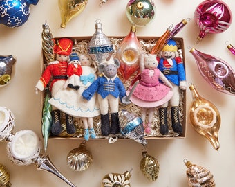Handmade Nutcracker Gift Box Set - Light, Hand Felted Christmas Ornaments, Hand Embroidered Good Luck Festive Charms