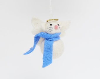 White Angel Kitty Ornament, Hand Felted Pet Charm, Handmade Celestial Decor