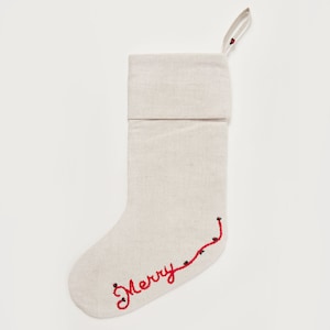 Frohe Weihnachten Leinen Strumpf, Hand bestickt Baumwoll-Mischung Weihnachten Bootie, handgemachte festliche Urlaub Dekor