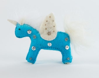 Blue Kid Unicorn Ornament, Hand Felted Whimsical Charm, Handmade New Baby Nursery Decor