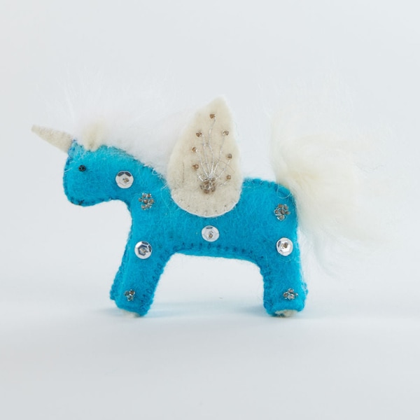 Blue Kid Unicorn Ornament, Hand Felted Whimsical Charm, Handmade New Baby Nursery Decor