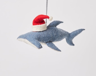 Santa Chief Hammerhead Shark Ornament, Hand Felted Ocean Animal Charm, Handmade Seaside Christmas Decor