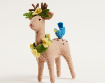 Gentle Springs Deer with Bird Friend Ornament, Hand Felted Woodland Animals Charm, Handmade Spring Decor
