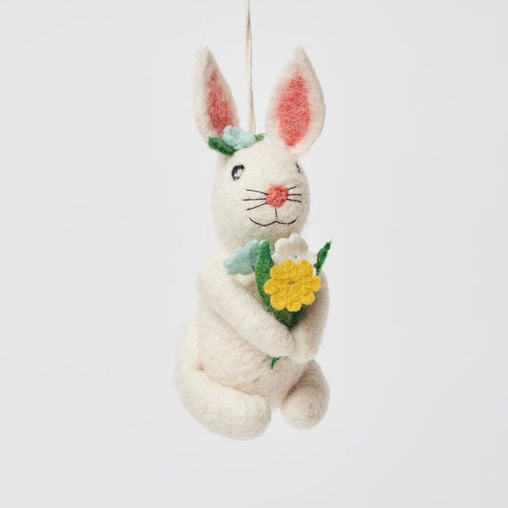 Spring Flowers White Bunny Ornament, Hand Felted Rabbit Charm, Handmade Easter Decor