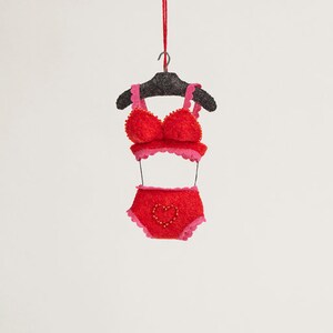 Red Heart Lingerie Set Ornament, Hand Felted Underwear Set, Handmade Valentine's Day Charm image 4