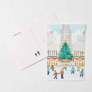 Postal del Rockefeller Center, papelería de Navidad en la ciudad, tarjeta festiva metropolitana de patinaje sobre hielo
