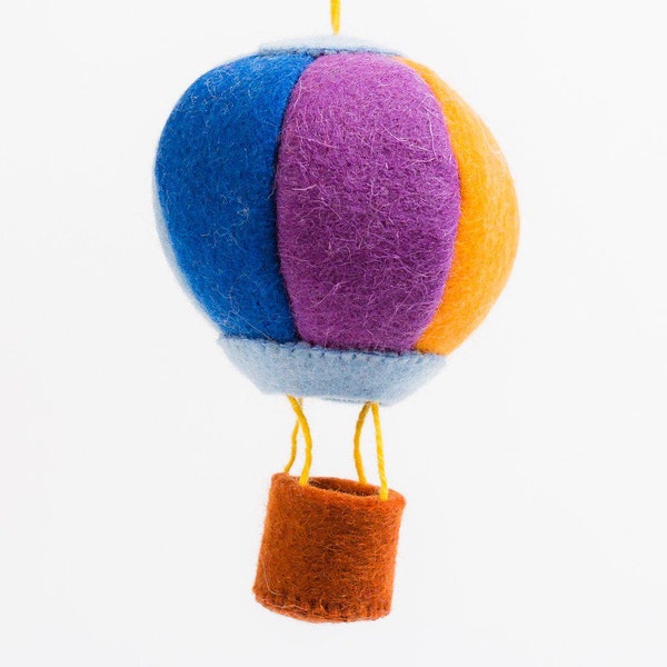 Blue Rainbow Up and Away Hot Air Balloon, Hand Felted Travel Ornament, Handmade Nursery Charm