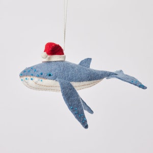 Happy Santa Humpback Ornament, Hand Felted Deep Ocean Animal Ornament, Handmade Seaside Christmas Charm