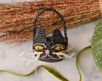 Mini Cat Basket, Black Cat Halloween Basket, Handwoven Trick-or-Treat Candy Basket, Kitty Party Decor, Costume Accessory