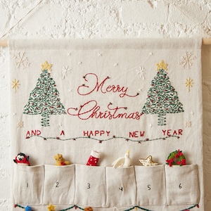 Bundle: Linen Advent Calendar with Set of 24 Mini Ornaments, Hand Embroidered Countdown Calendar, Handmade Christmas Decor image 2