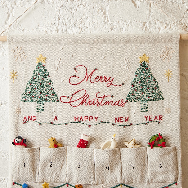 Bundle: Linen Advent Calendar with Set of 24 Mini Ornaments, Hand Embroidered Countdown Calendar, Handmade Christmas Decor image 2