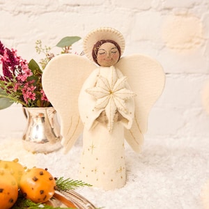 Adorno para árbol de Navidad con ángel de la Estrella centelleante de Belén, ángel blanco de fieltro hecho a mano, decoración navideña blanca hecha a mano