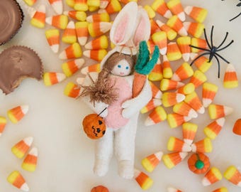 Easter Bunny Trick-or-Treater Ornament, Handmade Halloween Keepsake, Cute Bunny Decor, Whimsical Felt Halloween Gift