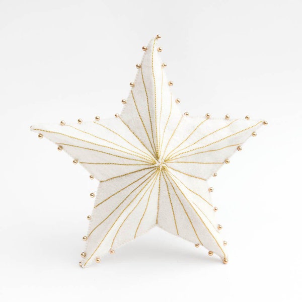Gold StarBurst Tree Topper Large, Hand Felted Christmas Tree Adornment, Handmade White Festive Celestial Decor