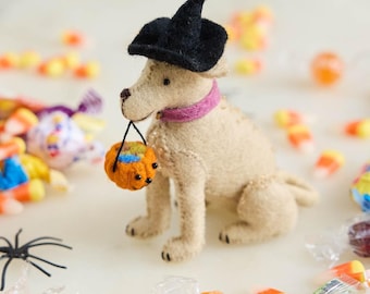 Halloween Lab Ornament, Handmade Felt Labrador in Witch Hat, Dog Lover Gift, Halloween Pet Decor