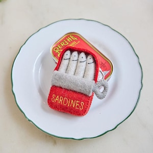 Red Tin of Sardines Ornament, Hand Felted Seafood Decor, Handmade Foodie Charm, Wool Tinned Fish Keepsake
