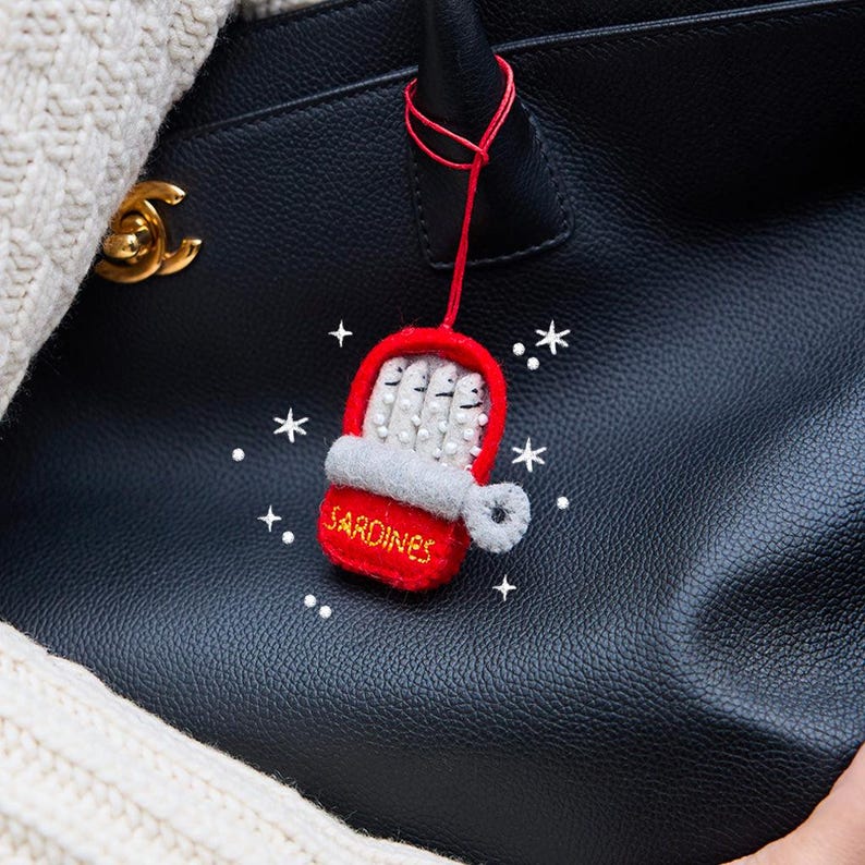 Sardines Bag Charm, Handmade Felt Tinned Fish Accessory, Quirky Everyday Accent for Food Lovers image 3