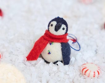 Little City Penguin Ornament, Hand Felted Festive Antarctic Bird Charm, Handmade Arctic Holiday Decor