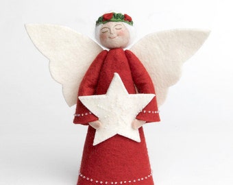 Red Beauty Angel with White Star Tree Topper - Light, Hand Felted Christmas Tree Adornment, Handmade Festive Home Decor