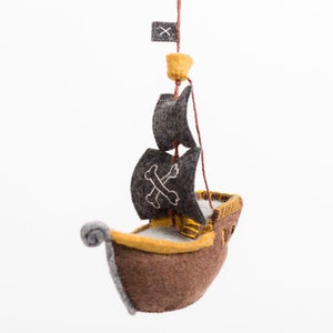 Ahoy There Pirate Ship Ornament, Hand Felted Brown Boat Ornament, Handmade Ocean Charm
