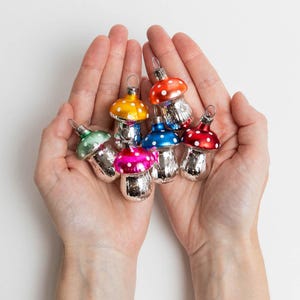 Mushroom German Glass Ornaments - Set of 6, Rainbow Toadstool Charm Set, Handmade Christmas Decor