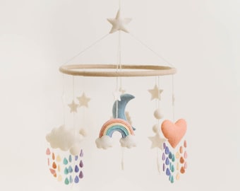 Rainbow Pastel Mobile, Hand Felted Baby Accessory, Handmade Nursery Decor