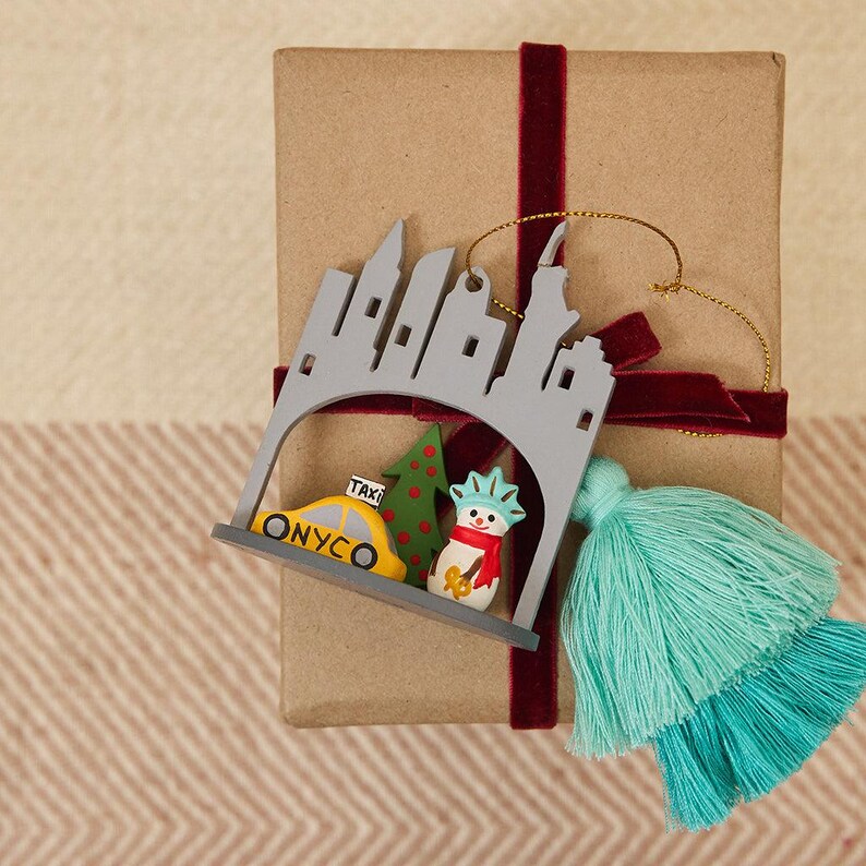 New York City Sightseeing Wood Ornament, Handcrafted NYC Holiday Charm