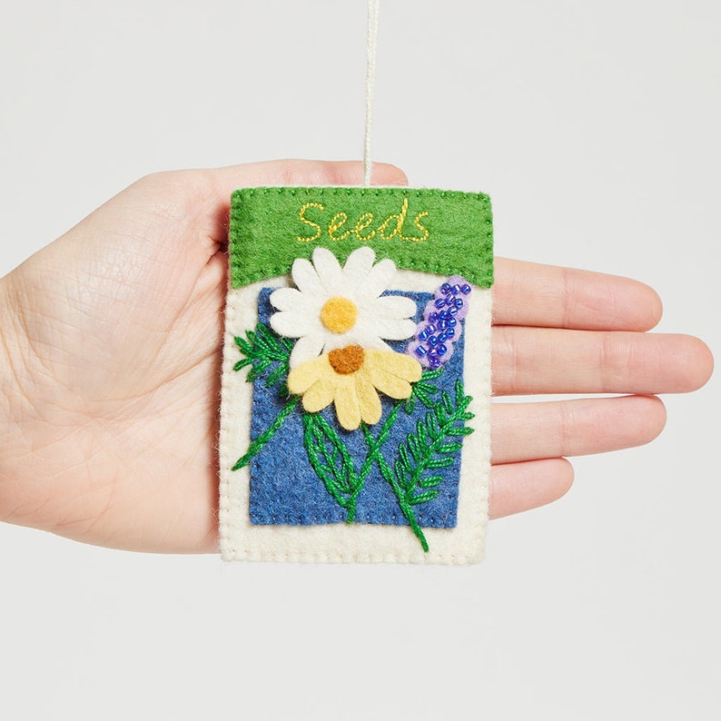 Seeds of Love Seed Packet Ornament, Hand Felted Gardening Charm, Handmade Botanical Decor image 4