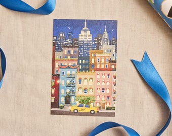 NYC Holiday View Postcard - Christmas At Night, New York City Holiday Stationery, Festive Metropolitan Note Card