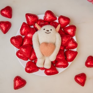 Big Love Yeti Ornament, Hand Needle Felted Abominable Snowman Charm, Handmade Valentine&#39;s Day Decor