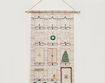 Christmas In The City 12 Days Advent Calendar, Hand Embroidered Countdown Calendar, Linen Holiday Decor