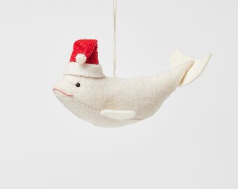 Joyful Santa Beluga Ornament, Hand Felted Ocean Animal Ornament, Handmade Christmas Charm