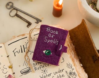 Book of Spells Ornament, Handmade Felt Witchy Halloween Decor, Witchcraft Keepsake, Magical Book Gift, Gothic Fall Collectible