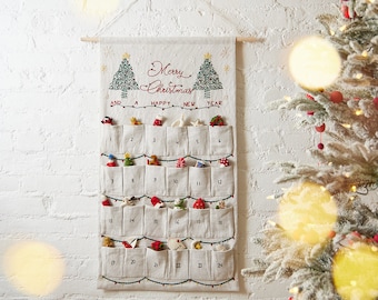 Bundle: Linen Advent Calendar with Set of 24 Mini Ornaments, Hand Embroidered Countdown Calendar, Handmade Christmas Decor